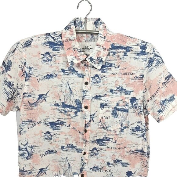 RFT Button Front Shirt Mens L Pink Blue Cotton Jamaica Marlin Ships One Love - Picture 3 of 6